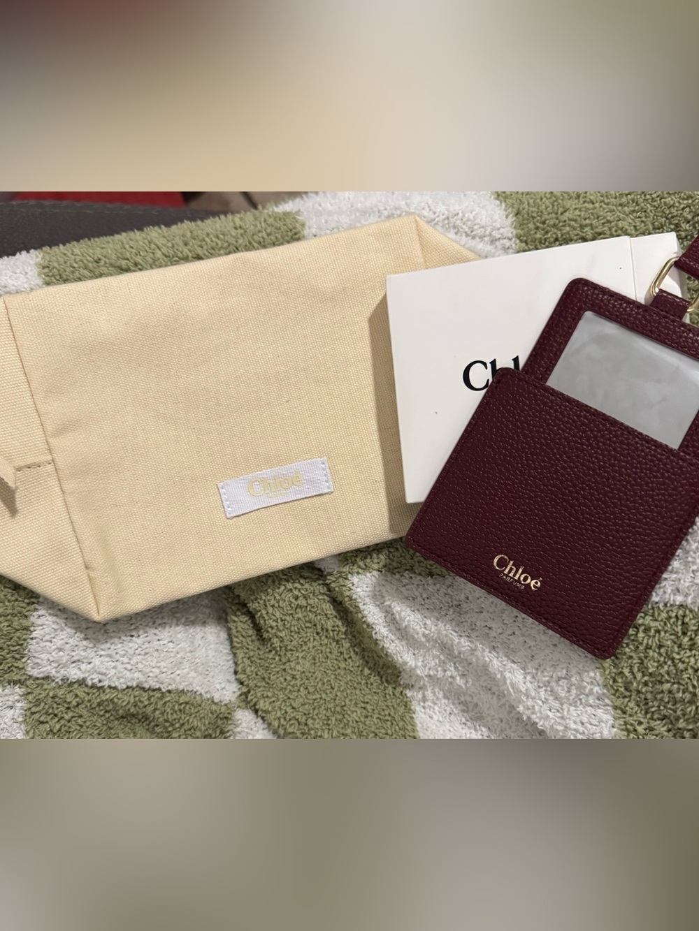Chloé Cream cosmetic bag & Burgundy Leather mirror Holder NEW!